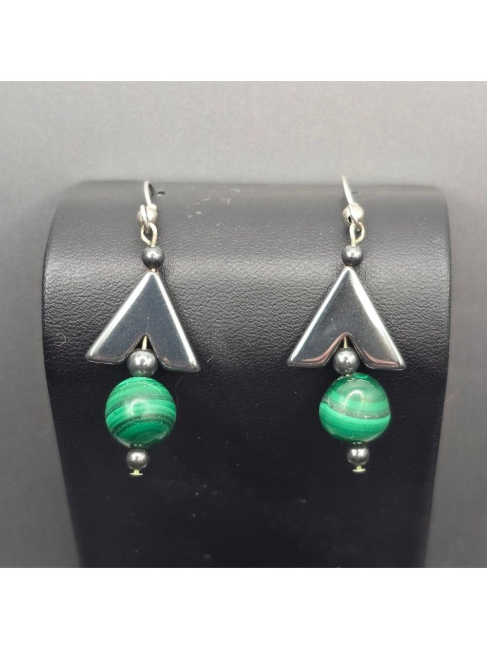 Vintage Sterling Silver Malachite Hematite Chevron Arrowhead Drop Earrings 2"